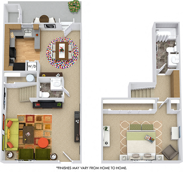 Floor plan for 1 bed, 1.5 baths, 959 sqft